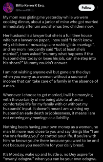 âNothing beats having your own money as a woman. Iâm not entering marriage as a liabilityâ â Lady shares her opinion