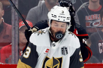 Golden Knights defenseman hospitalized after taking 87 mph shot to face in horrifying scene