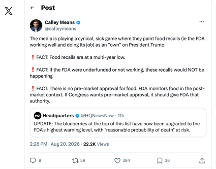 Publisher’s Platform: There Is No Premarket Approval for Food, Says the Senior Food Adviser at HHS. Ten Days Earlier His Own Secretary Called the Exception to It a Loophole That Industry Hijacked.