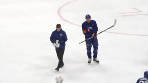 McDavid slow to get up after going hard into the net at Oilers’ practice